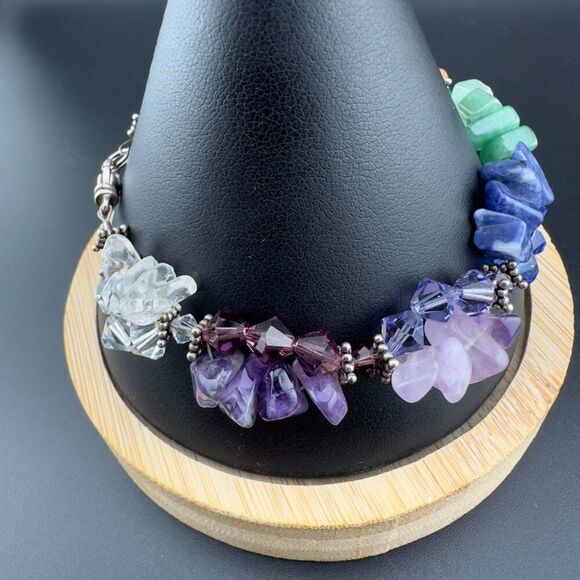 Artisan Sterling Silver Beaded Multi-Gemstone Cluster Rainbow Bracelet 7.5" - Picture 4 of 7